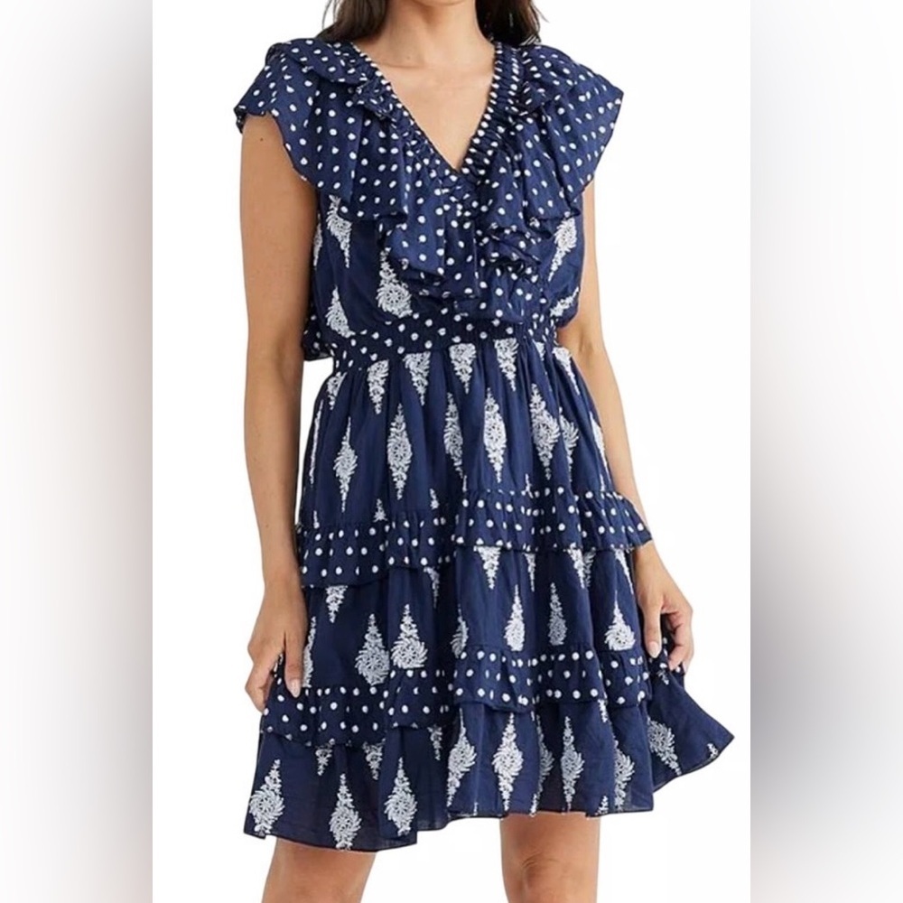 Talisman Kiki Navy Blue Ruffle Tiered Mini Dress Open Back Boho Resort XS - Picture 2 of 11